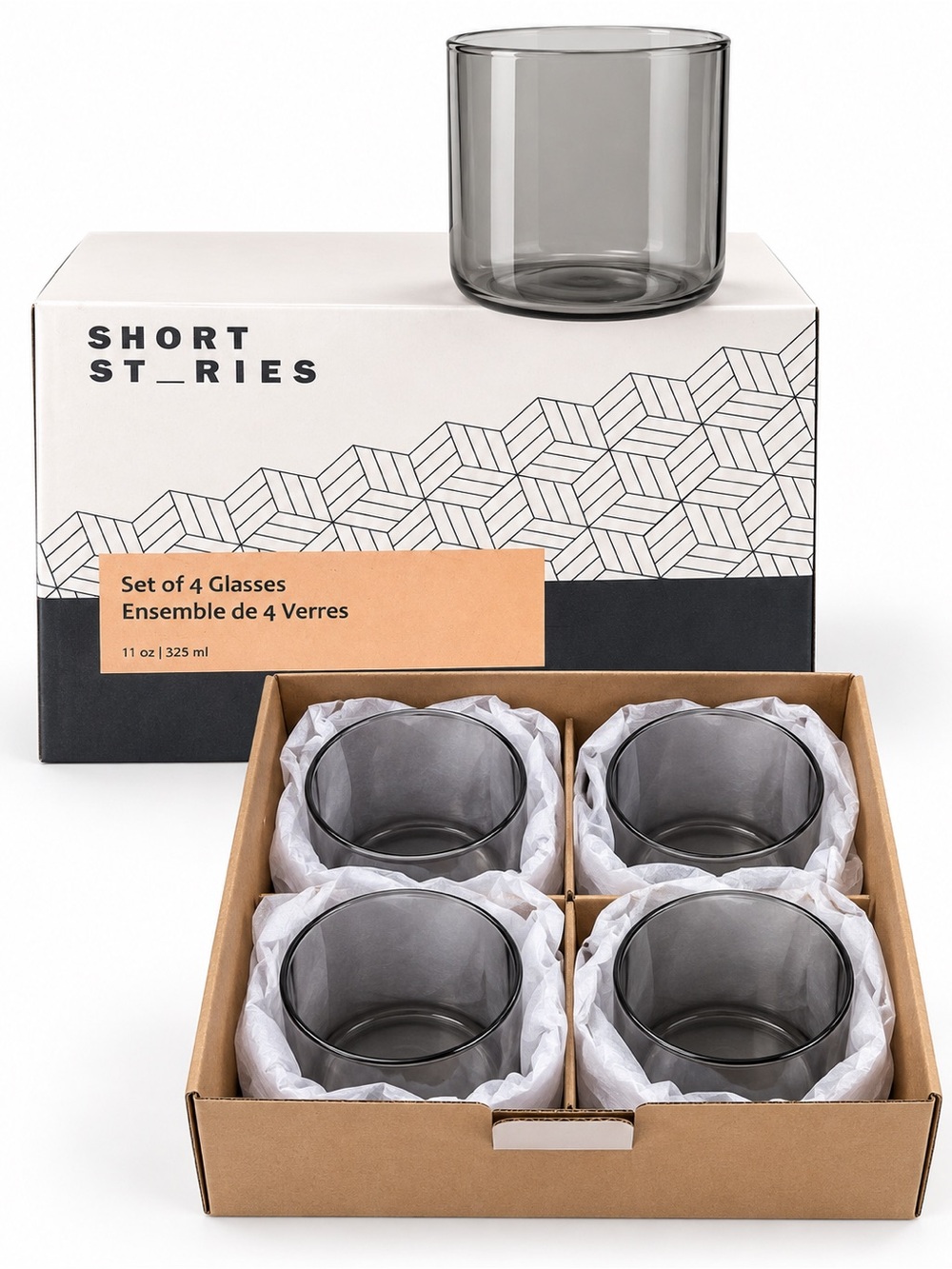 Short Stories Set of 4 Smoky Gray Borosilicate Glass Tumblers 11 oz